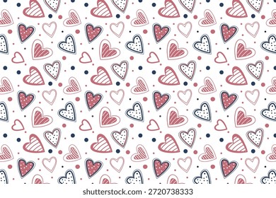 Nahtloses, handgezeichnetes Herzmuster mit Doodles und romantischen Valentinssymbolen