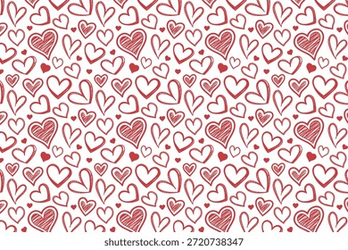 Nahtloses, handgezeichnetes Herzmuster mit Doodles und romantischen Valentinssymbolen