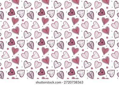 Nahtloses, handgezeichnetes Herzmuster mit Doodles und romantischen Valentinssymbolen
