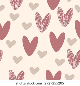 Nahtloses, handgezeichnetes Herzmuster auf warmbeigem Hintergrund. Weiche Pastellfarben und skizzenhafte Doodle-Herzen sorgen für eine gemütliche, romantische Stimmung. Perfekt für Valentinstag-Designs, Hochzeits- und Grußkarten, Geschenkverpackungen, Textilien, Tapeten und Hintergründe aus den sozialen Medien.