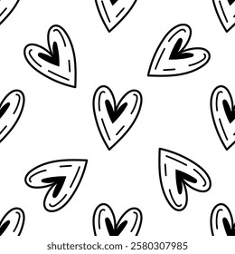 Seamless hand-drawn heart pattern outline doodle illustration in neutral tones

