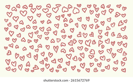 Seamless hand-drawn heart pattern in pink on a light background. Playful and romantic design ideal for Valentine's Day, wedding decor, wrapping paper, and cute stationery.