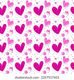 Seamless hand-drawn hearts doodle pattern trend color Viva Magenta Design for background, wallpaper, paper, wrapping, fabric, textile. Valentine's day, mother's, birthday, wedding.