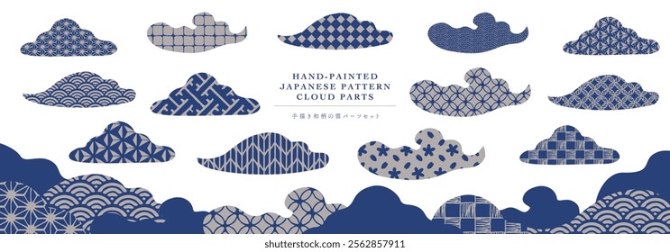 Seamless hand-drawn Japanese pattern background, perfect for New Year's and Japanese-style scenes, cloud frame vector material, silver and blue color scheme, Seigaiha, etc.
