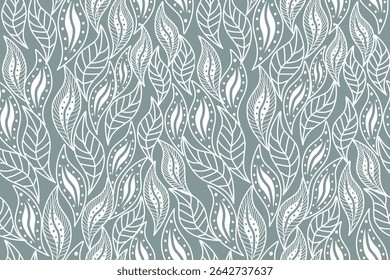 Padrão de vetor de folha desenhado à mão sem costura em um tom verde sábio suave. Arte em linha botânica sem costura . Projeto botânico minimalista . Folha tropical moderna. Ideal para embalagem ecológica, design de tecido e calma