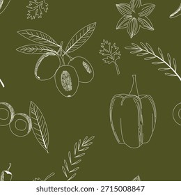 Patrón de arte de línea dibujado a mano sin fisuras con aceitunas, hojas de olivo, pimiento morrón y hierbas sobre un fondo verde oliva profundo. Ilustración minimalista de estilo de boceto blanco inspirada en pizarra y dibujos botánicos. Ideal para envases de alimentos, textiles de cocina, marcas de restaurantes, Fondo de pantalla, papel de regalo y diseños de temática mediterránea. Limpio, original y de uso comercial amigable