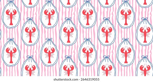 Seamless hand-drawn lobster pattern with pastel pink stripes. Marine, tropical beach style for summer fabric, wallpaper, wrapping paper, and coastal textile design. Vector