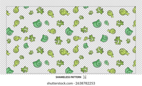 Seamless hand-drawn marine pattern with green fish, snails, and seaweed on transparent background