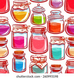 seamless hand-drawn mason jars with colorful contents