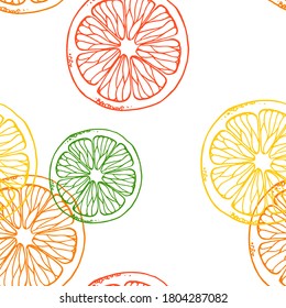 Patrón vectorial de naranja, limón y lima sin foco. naranja dorado y fruta verde de fondo blanco. Ornamento para envasado, embalaje, papel pintado