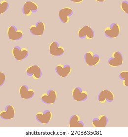 Nahtloses, handgezeichnetes Überdruck-Herzmuster auf warmbraunem Hintergrund. Weich geworfene Herzen für Verpackungen, Schreibwaren, Textilien, Valentinstag-Themen und dekorative Designs.