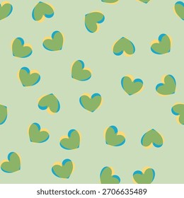 Patrón de corazón de sobreimpresión dibujado a mano sin fisuras sobre un fondo verde claro. Corazones juguetones adecuados para telas, productos para niños, papelería y usos de diseño decorativo.