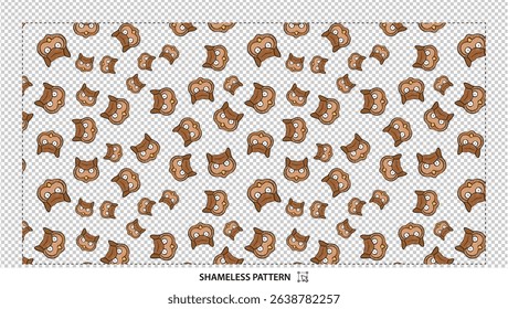 Seamless hand-drawn owl faces pattern with cute brown cartoon birds on transparent background