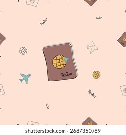 Seamless hand-drawn passport and airplane pattern on a soft beige background. Simple doodle style with teal and ochre tones. Ideal for travel themes, wallpaper, fabric, wrapping paper, and stationery.