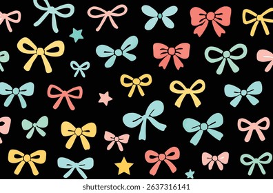 Seamless Hand-Drawn Pastel Bow and Star Pattern on Black Background