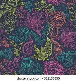seamless hand-drawn pattern and abstract colorful floral background, EPS 8