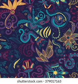seamless hand-drawn pattern, abstract floral background, doodle