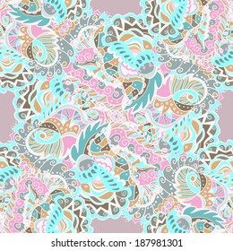   Seamless  hand-drawn pattern with abstract  leaves and flowers on pastel background. Seamless pattern can be used for wallpaper, pattern fills, web page background,surface textures.
