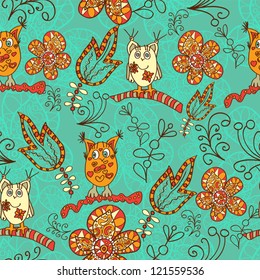 Seamless Hand-Drawn Pattern with birds