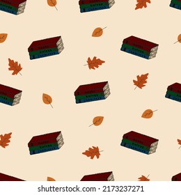 Seamless hand-drawn pattern with books and leaves. Print back to school. Vector autumn cozy background for textiles.