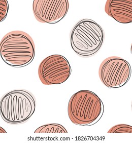 Seamless hand-drawn pattern with brown circles and dark lines. For web, textile, wrapping and design