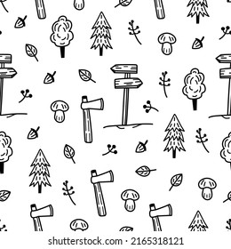 Caminatas, senderismo, bosque, naturaleza... Huella de doodle de verano vectorial, fondo negro y blanco.