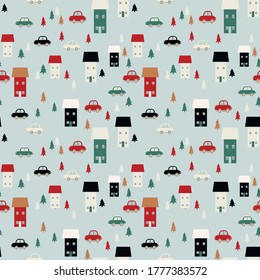 Seamless hand-drawn pattern with cars and houses. Collection of children's patterns. Trendy modern textures for fabrics, wallpapers, textiles, clothing