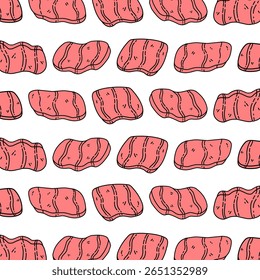 Um padrão sem costura desenhado à mão de fatias de salmão cru estilo cartoon com linhas onduladas e contornos em negrito.