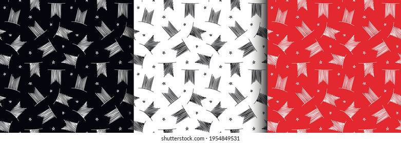 Seamless hand-drawn pattern. Pattern with Christmas flags and stars, linear images. New Year's doodles. Christmas doodles. A sketch of a Christmas garland of flags. Festive background for the site.