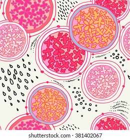 Seamless hand-drawn pattern circle with decorative flowers inside pink circle in white background with black strokes