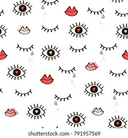 Seamless hand-drawn pattern of closed and open eyes, lips and hearts.Vector