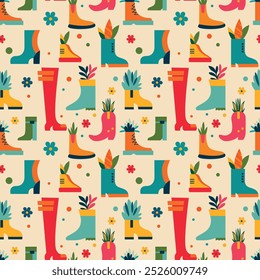 Seamless hand-drawn pattern of colorful boots and plants in a playful, geometric style. Bright and cheerful design with flowers and leaves, for textile prints, home decor, or nature-inspired projects