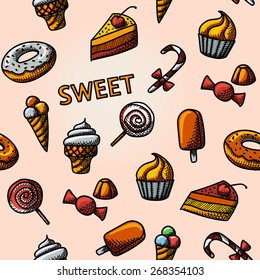 Seamless handdrawn pattern with  - cupcakes, donuts, cakes, ice creams, christmas candy, lollipops, candies. Vector