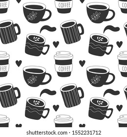Seamless hand-drawn pattern with cups of coffee. Black-white vector illustration for wrapping, fabric, wallpaper.