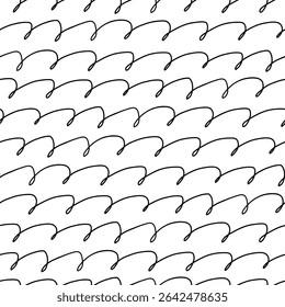 Padrão contínuo desenhado à mão de loops curvos com extremidades em forma de lágrima, dispostos diagonalmente em um ritmo fluente. Design em preto-e-branco.