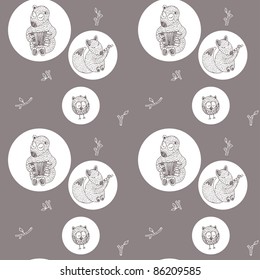 Seamless hand-drawn pattern with cute animals playing musical instruments