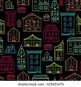Seamless hand-drawn pattern, cute colorful background with houses, multicolored nice buildings, good for design fabric, wrapping paper, print design, postcards, EPS 8