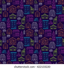 Seamless hand-drawn pattern, cute colorful background with houses, color nice buildings on dark background, good for design fabric, wrapping paper, postcards, EPS 8