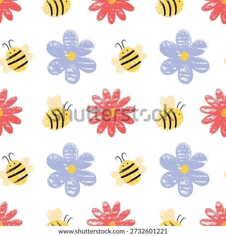 Seamless hand-drawn pattern with cute crayon bees and colorful flowers. Playful vector chalk design for kids clothing, stationery, spring decor and packaging.