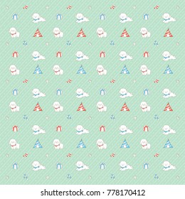 Seamless hand-drawn pattern with cute dogs on bright background. New year party.