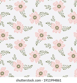 seamless hand-drawn pattern with delicate pink flowers and leaves on white