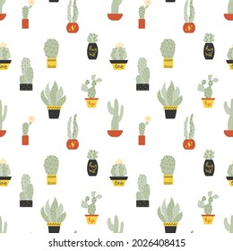 Seamless hand-drawn pattern with doodle cacti in pots illustrations on white background. For prints, backgrounds, wrapping paper, textile, linen, wallpaper, etc. 