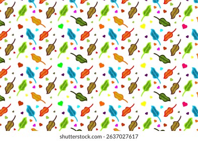 A seamless, hand-drawn pattern featuring colorful leaves and small heart shapes. Ideal for use in textiles, stationery, wallpapers, wrapping paper, and digital backgrounds.