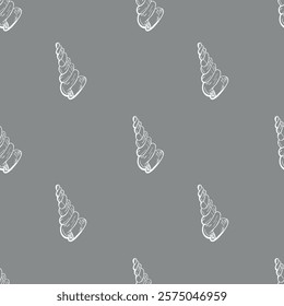 A seamless hand-drawn pattern featuring detailed hand-drawn seashells on a gray background