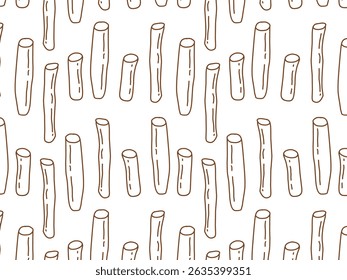 A seamless hand-drawn pattern featuring stylized doodle-style wooden sticks in brown and white. Minimalist design perfect for packaging, textile prints, backgrounds, wallpapers, and branding projects.