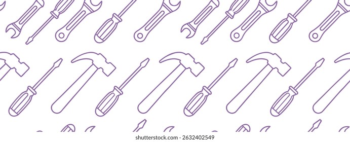 Seamless hand-drawn pattern featuring tools like hammers, screwdrivers, and wrenches. Ideal for construction themes, repair services, or DIY backgrounds. Simple purple line art vector design.