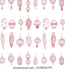 A seamless hand-drawn pattern featuring traditional Chinese lanterns in red on a white background. Perfect for festive decorations and textile designs.  