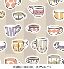 Seamless hand-drawn pattern featuring a variety of colorful mugs with playful designs. Cozy illustration in a soft pastel palette with a charming doodle style."