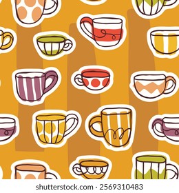 Seamless hand-drawn pattern featuring a variety of colorful mugs with playful designs. A cozy illustration in a bold, warm palette with a doodle style.