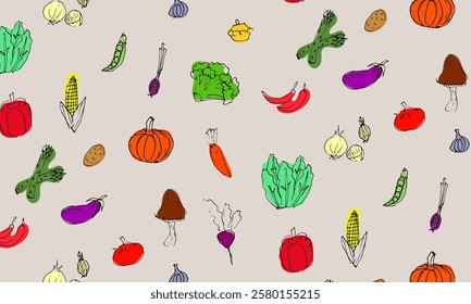 Seamless hand-drawn pattern featuring a variety of colorful vegetables  and leafy greens, on a neutral backgroundfor projects and design related to markets, vegetables, shops